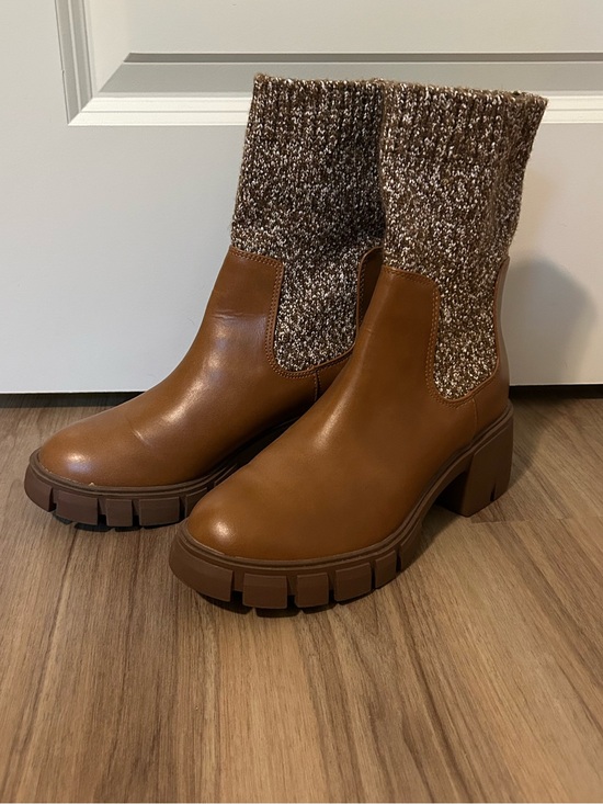 Universal Thread Shoes - Universal Thread Brown Chunky Heel Ankle Boots with Knit Shaft